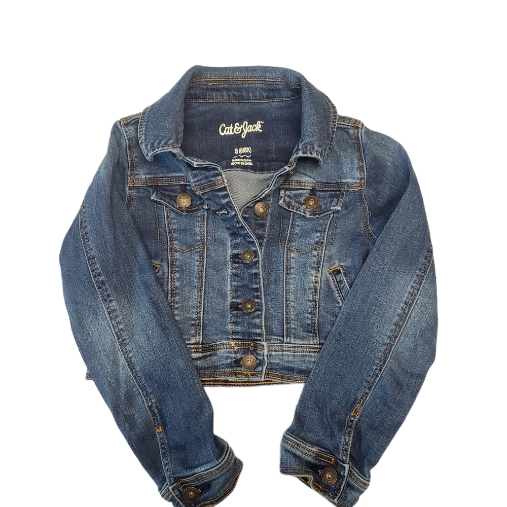 Cat & Jack Denim Jean Trucker Jacket Small 6 6X Girls Pink Girls Rock T-Shirt